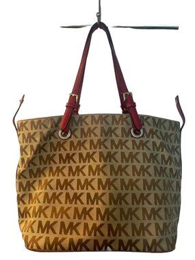 Michael Kors Signature Shoulder Handbag Canvas Beige Tan Red Straps Gold Hardwar